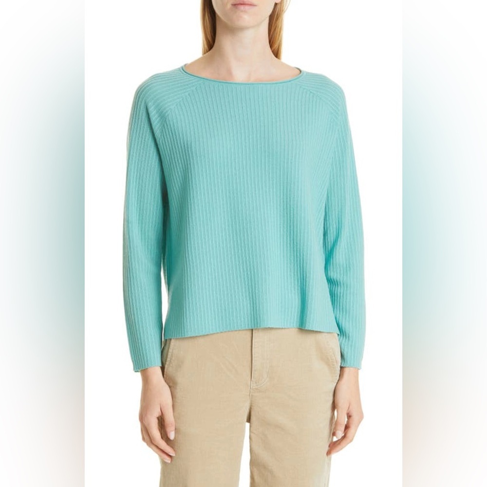 Eileen‎ Fisher Merino Wool Ribbed Raglan Pullover Sweater Sea Green Size XL